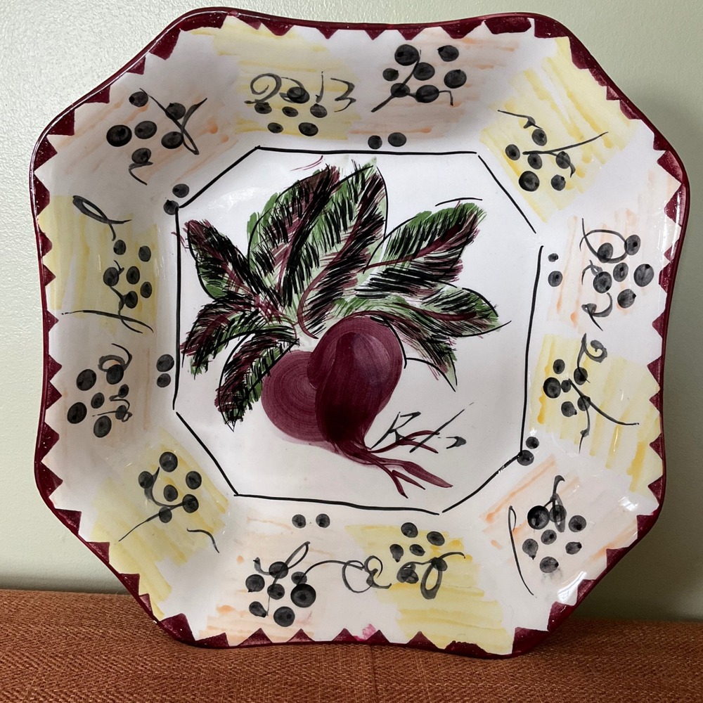Antica Fornace Italy Ceramic Serving Bowl Beet Radish Hand Painted Square 11.5in